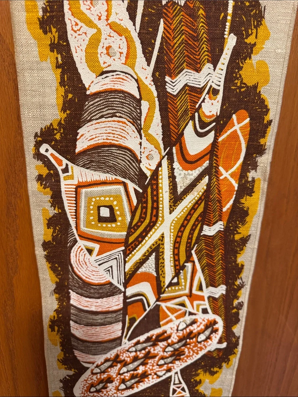 1960’s Donald Clark Linen Wall Hanging Aboriginal Shield and Spears Wall Scroll